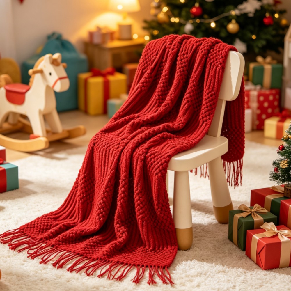 Throw Blanket Chunky Knit - Rode Boho Chunky Gebreide Plaid, Getextureerde